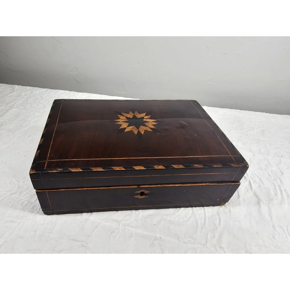 Antique Wooden Keepsake Box‎ Star Inlay Jewelry Trinket Storage Chest 1900s